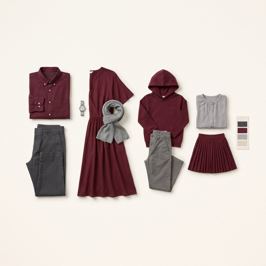 Vzorový outfit - vínová a šedá